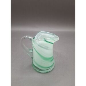 Vintage Blown Studio Art Glass Pitcher Green & White Swirl Miniature Mini
